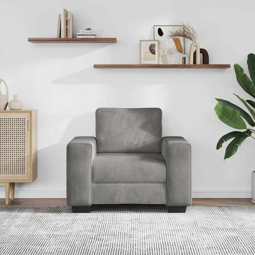 Sofa Chair Light Grey Velvet Padded Armchair 100W x 77D x 82H cm