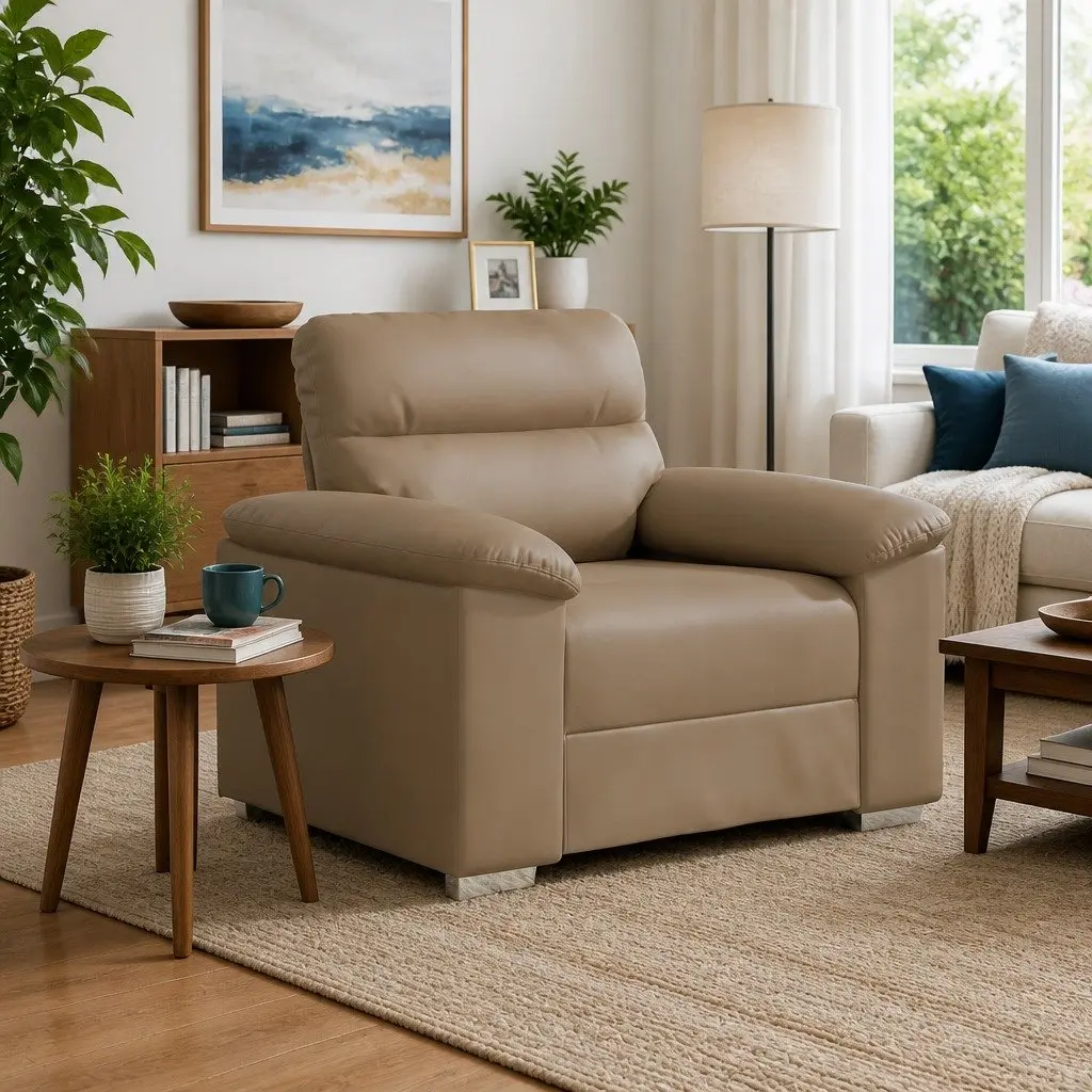 Sofa Chair Brown Faux Leather Lounge Seat Wide Armrests Thickly Padded 100 x 81 x 84 cm