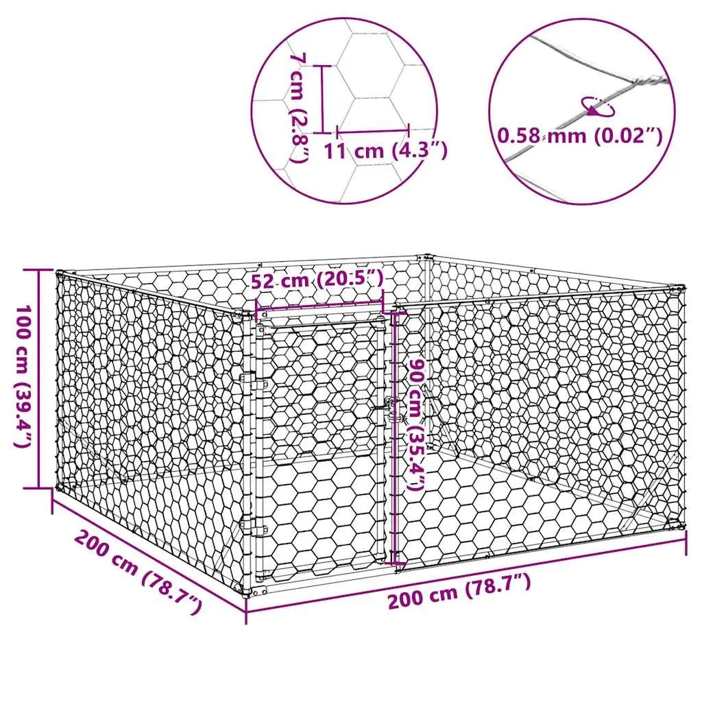 Outdoor Dog Kennel 2x2x1m Galvanised Steel Cage Secure Door Mesh Enclosure