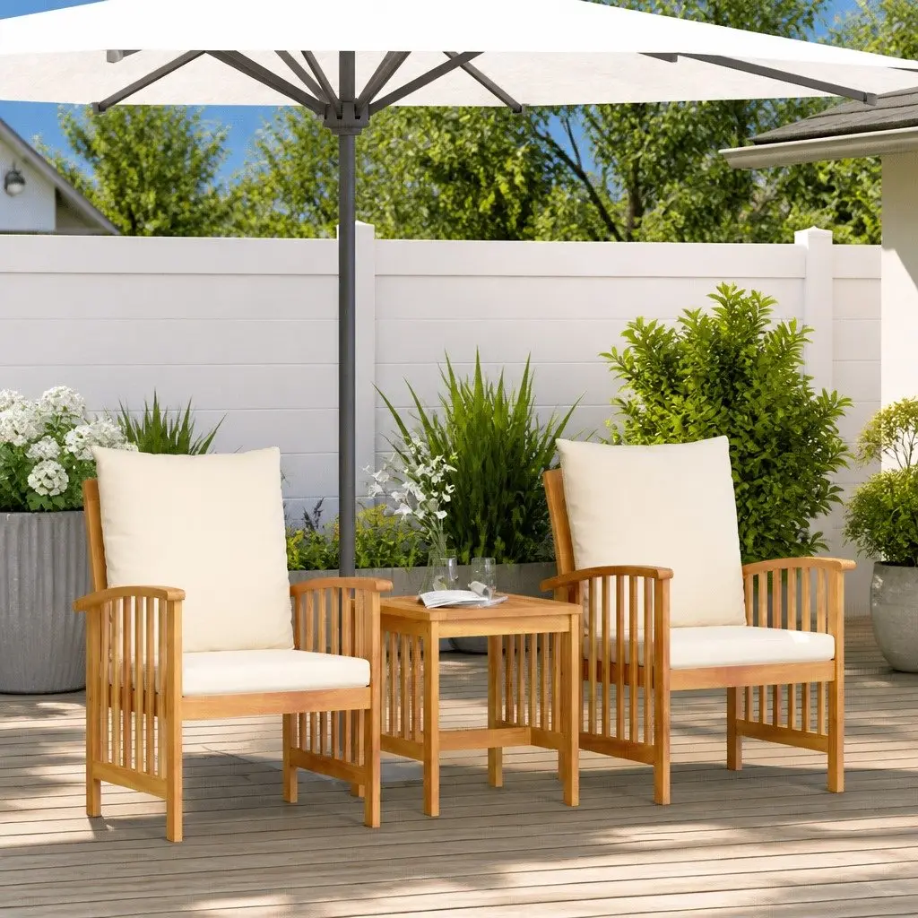 Garden Sofa Set Solid Acacia Wood 3 Piece Outdoor Armchairs Table Brown