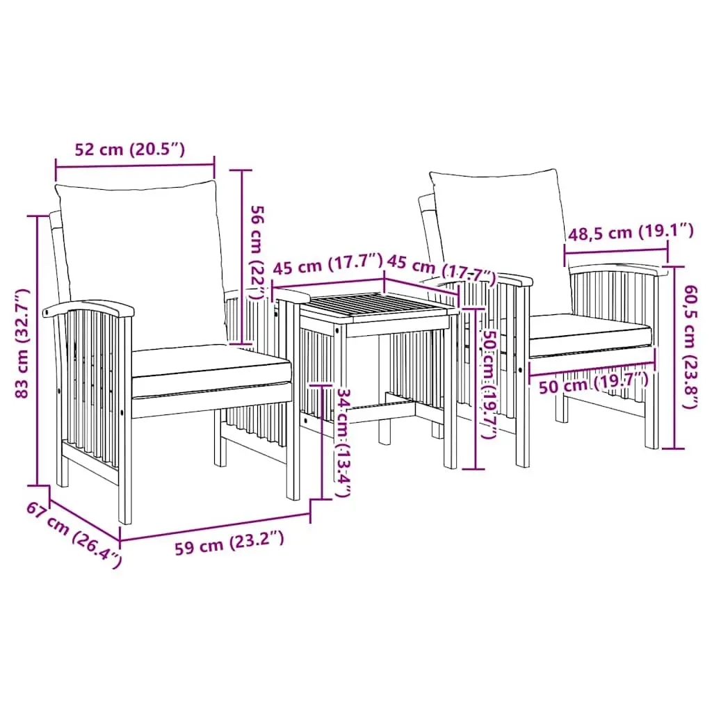 Garden Sofa Set Outdoor Furniture 3 Piece Brown Acacia Wood