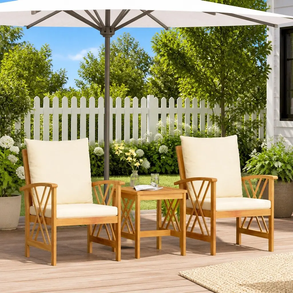 Garden Sofa Set Modern 3 Piece Outdoor Furniture Brown Acacia Wood with Cushions