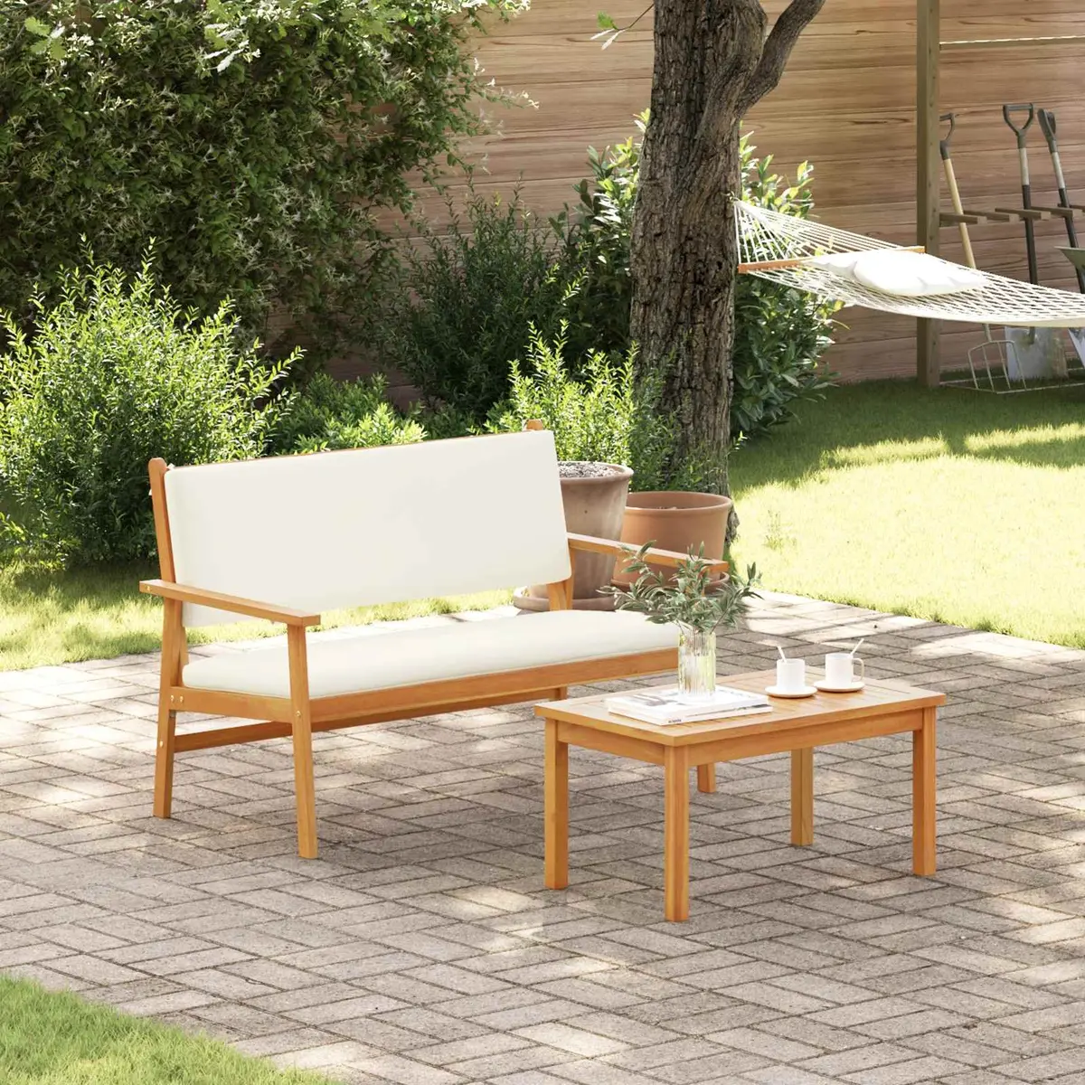 Garden Bench with Cushion Cream White Outdoor Furniture Seating Set
