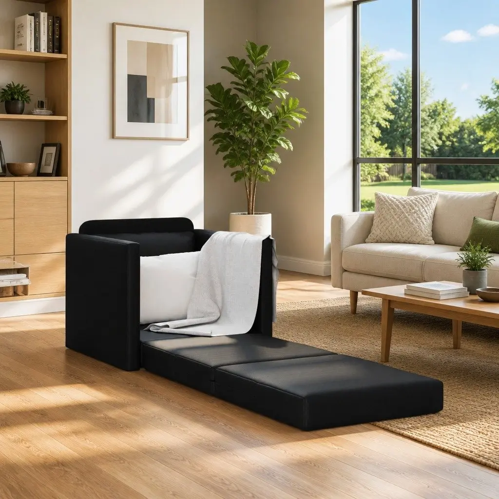 Sofa Bed Modern Convertible 60cm Black Faux Leather