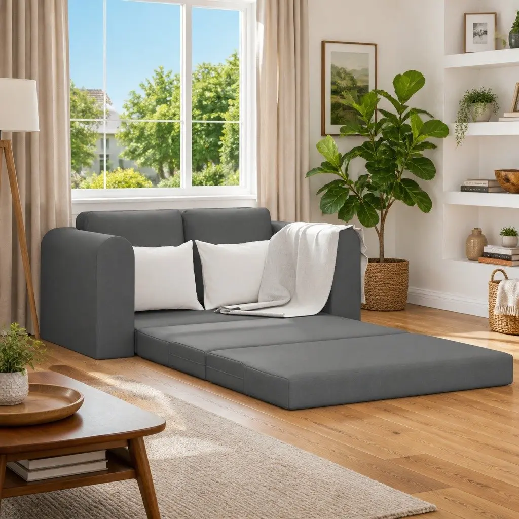 Floor Sofa Bed Convertible Grey Fabric Modern Couch Manual Adjustment Compact