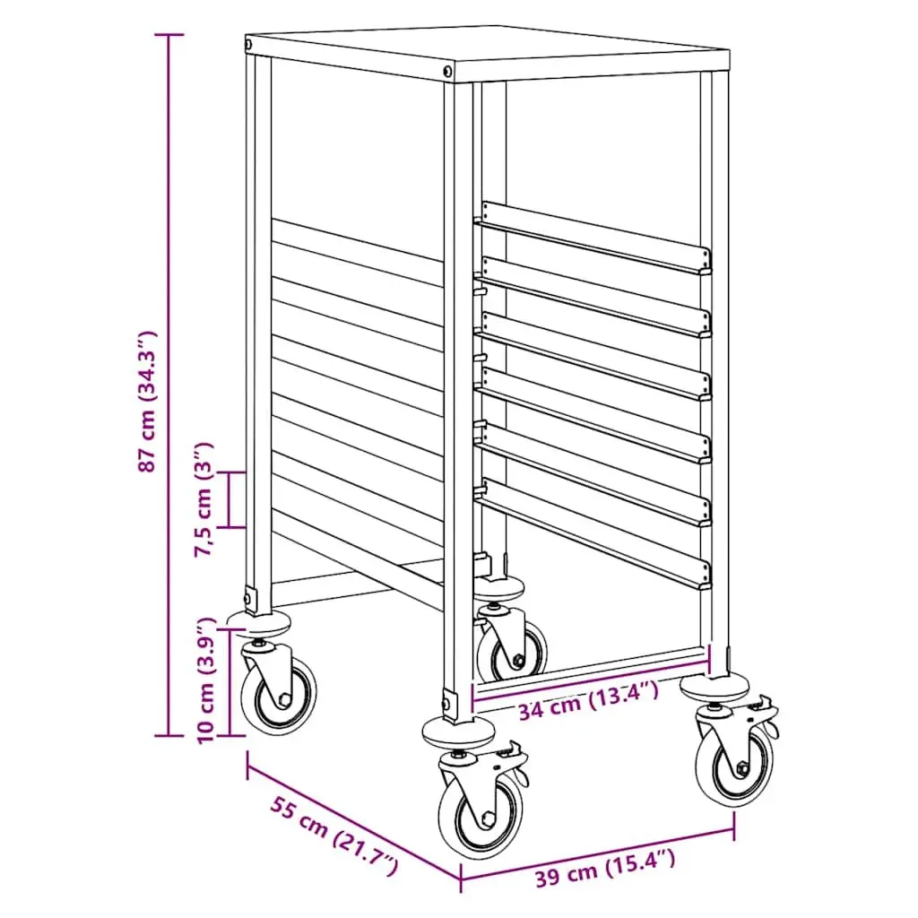 Stainless Steel Kitchen Trolley with 6 GN Container Slots 39x55x87 cm