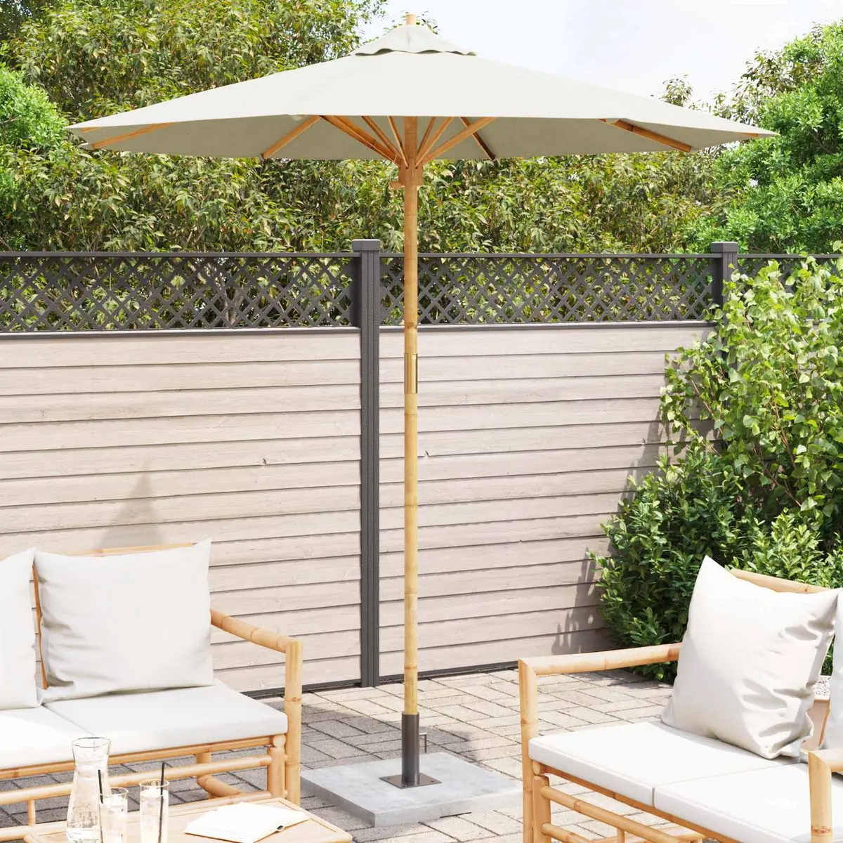 Garden Parasol Cream White Ø 217 x 230 cm Round Outdoor Shade Bamboo Frame