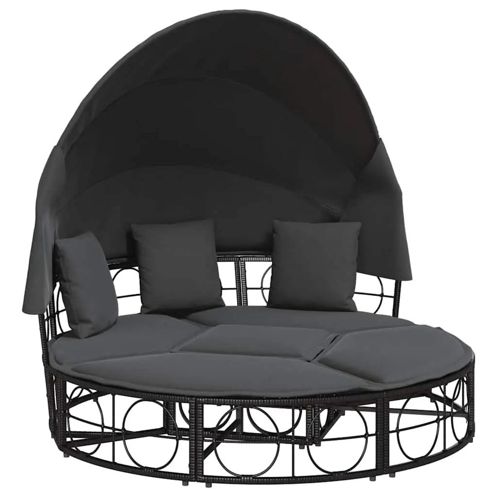 Outdoor Lounge Bed with Canopy Cushions Modular Garden Furniture Black Rattan