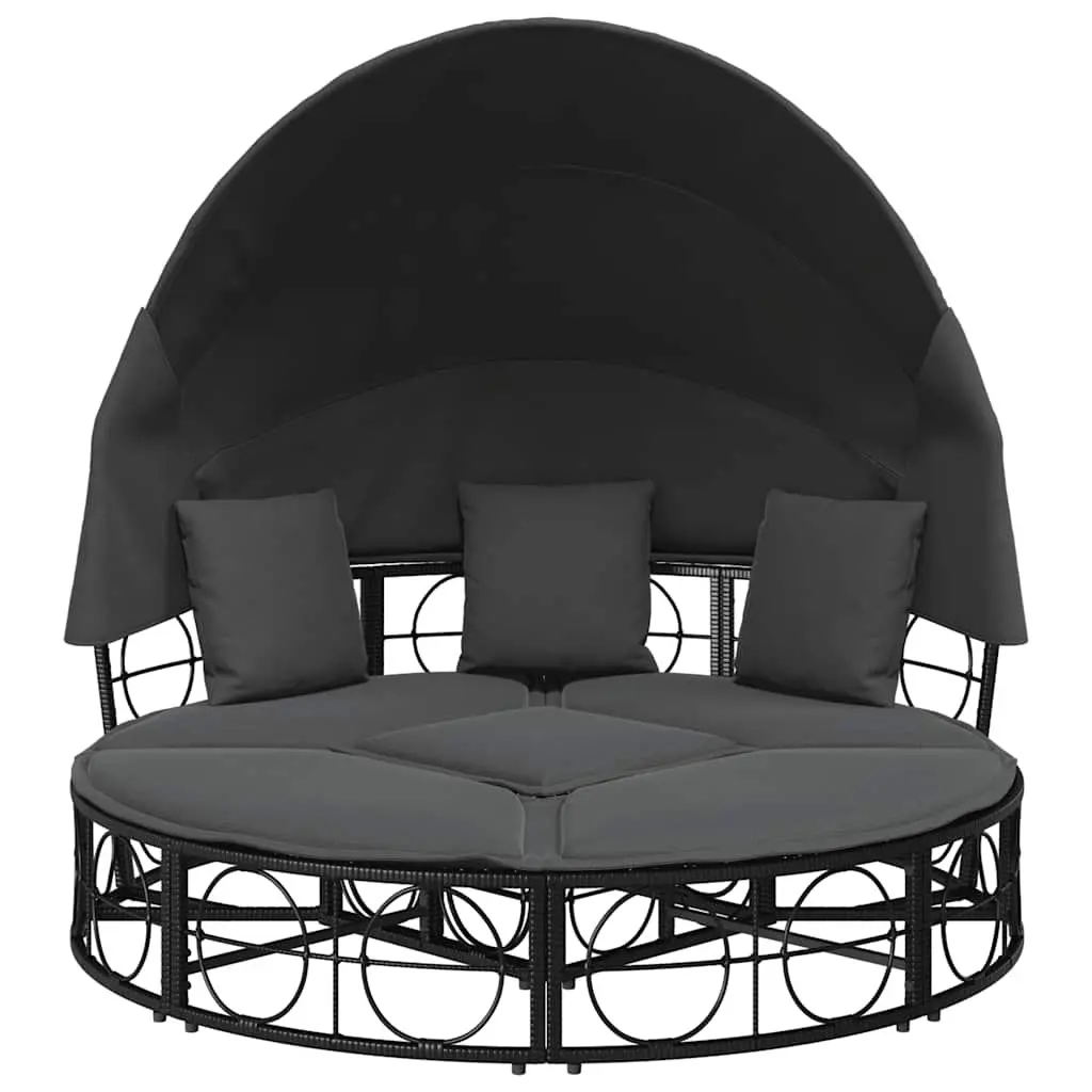 Outdoor Lounge Bed with Canopy Cushions Modular Garden Furniture Black Rattan
