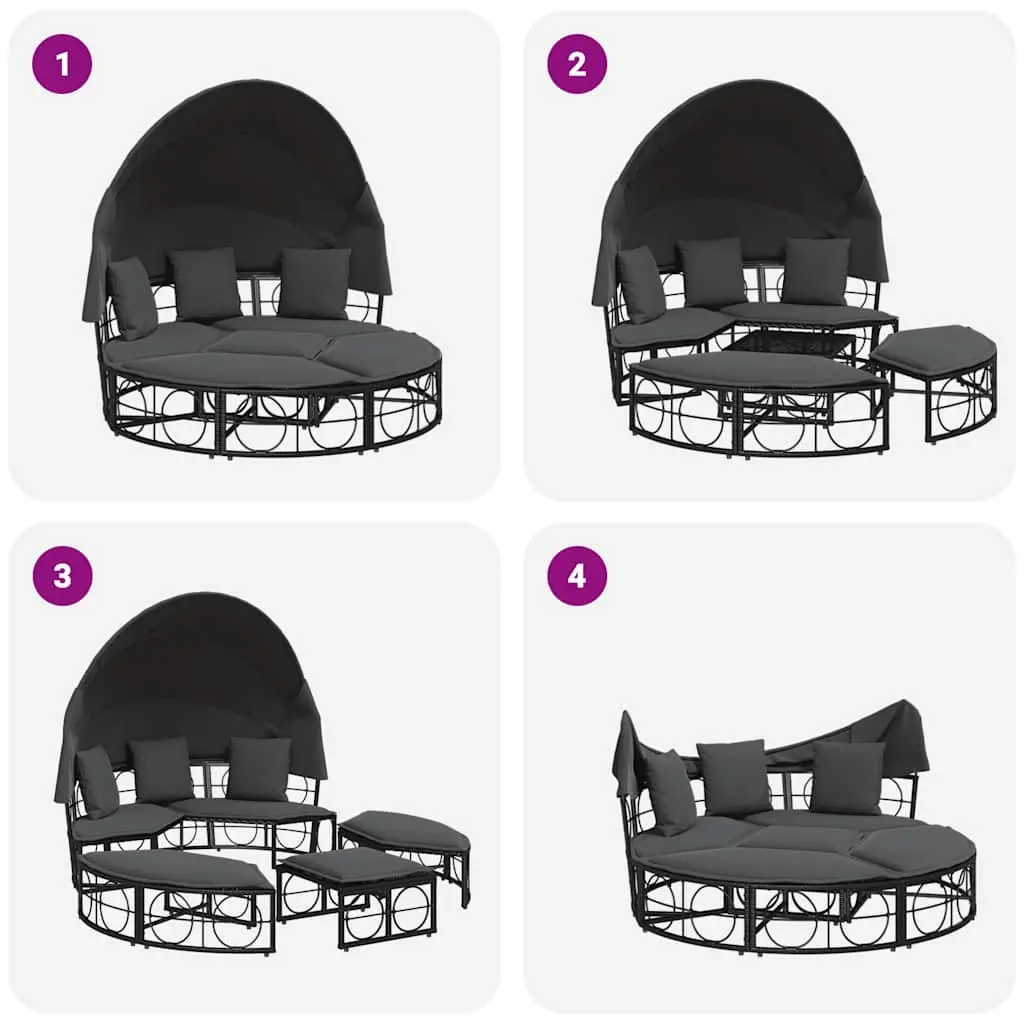 Outdoor Lounge Bed with Canopy Cushions Modular Garden Furniture Black Rattan