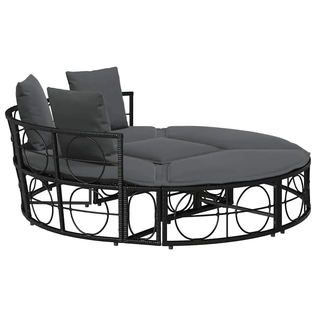 Outdoor Lounge Bed Modular Garden Furniture Black Poly Rattan Cushions