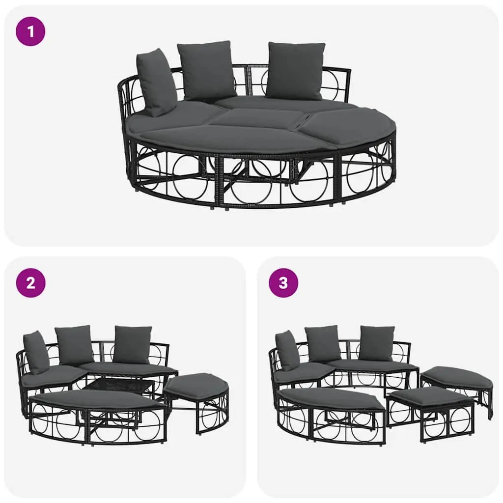 Outdoor Lounge Bed Modular Garden Furniture Black Poly Rattan Cushions