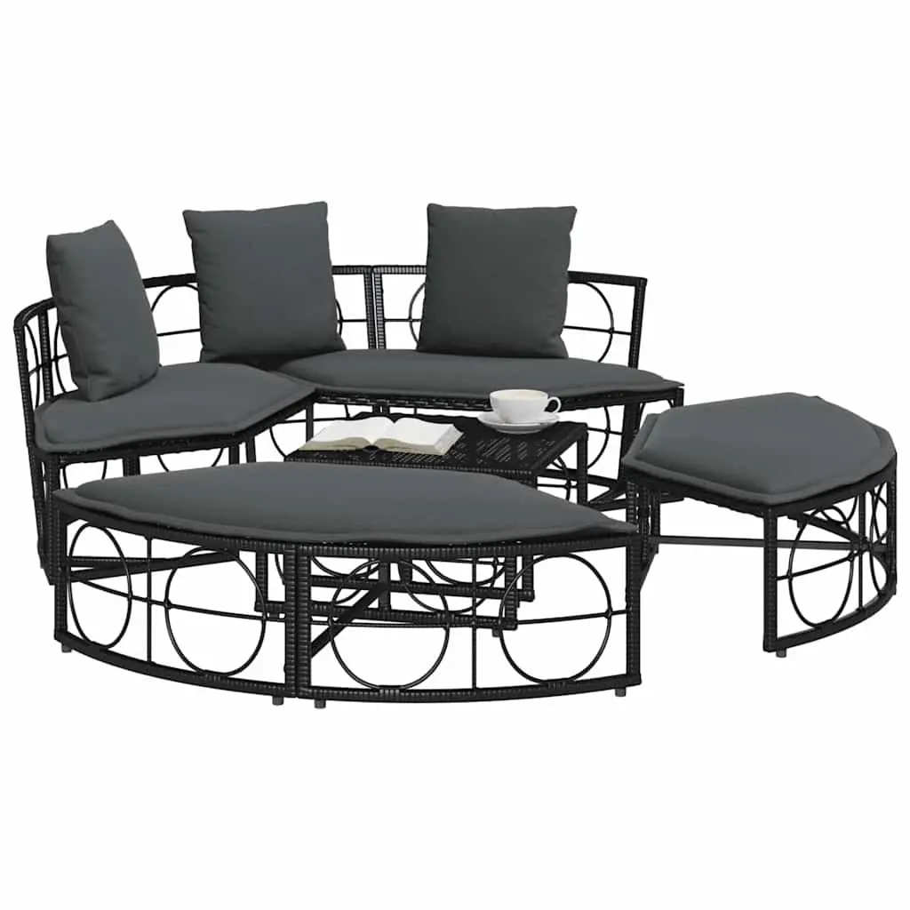 Outdoor Lounge Bed Modular Garden Furniture Black Poly Rattan Cushions