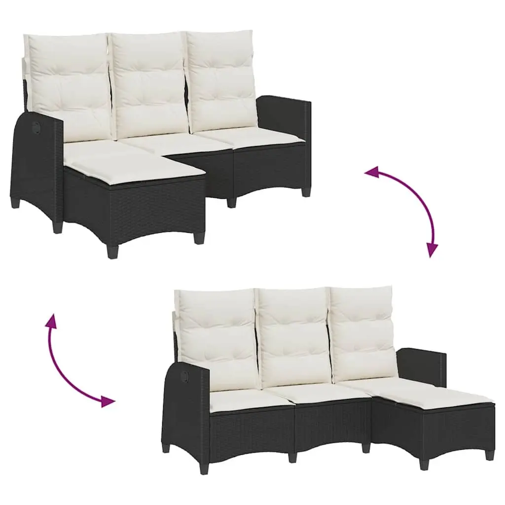 Reclining Garden Sofa L-shaped Outdoor Seating Black Poly Rattan with Cushions