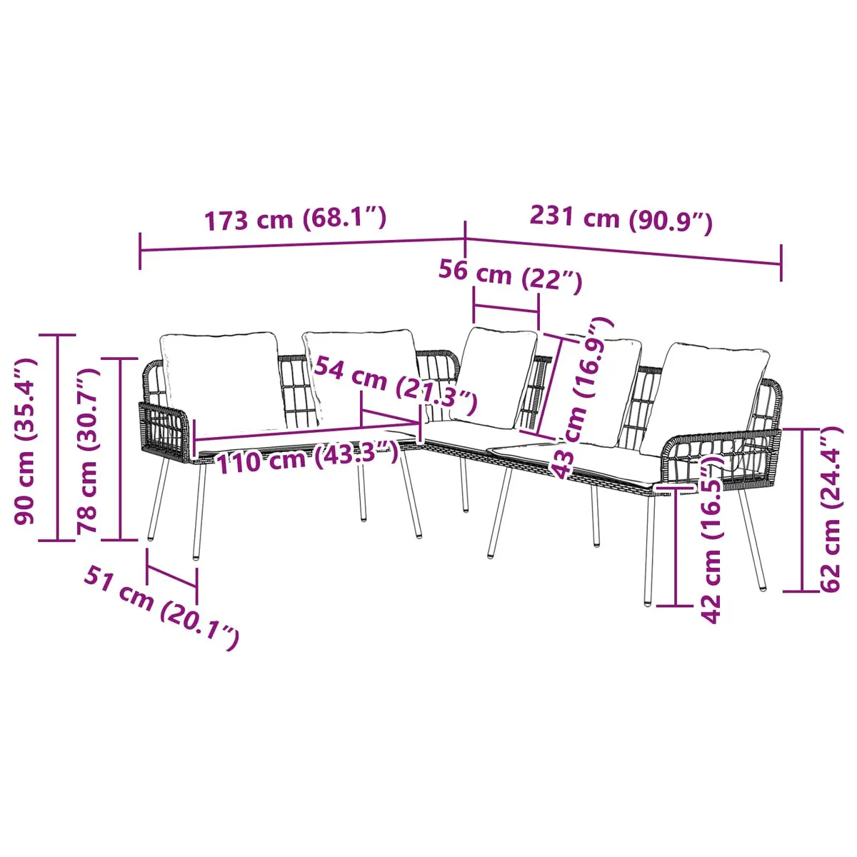 Outdoor Garden Sofa L-Shaped 5-Seater Steel Frame