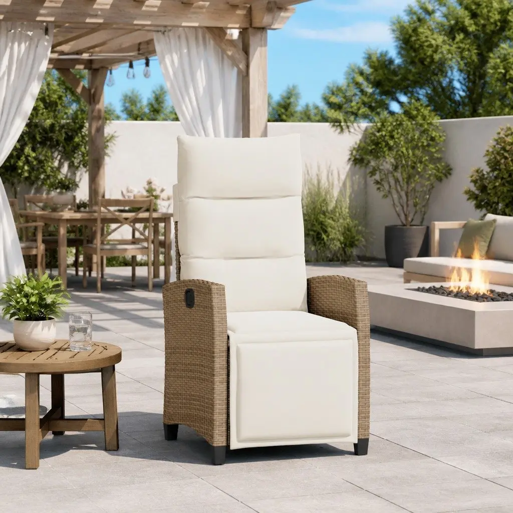Reclining Garden Chair Beige Poly Rattan Adjustable with Foldable Side Table
