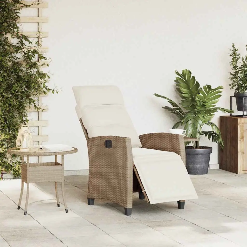 Reclining Garden Chair Beige Poly Rattan Adjustable with Foldable Side Table