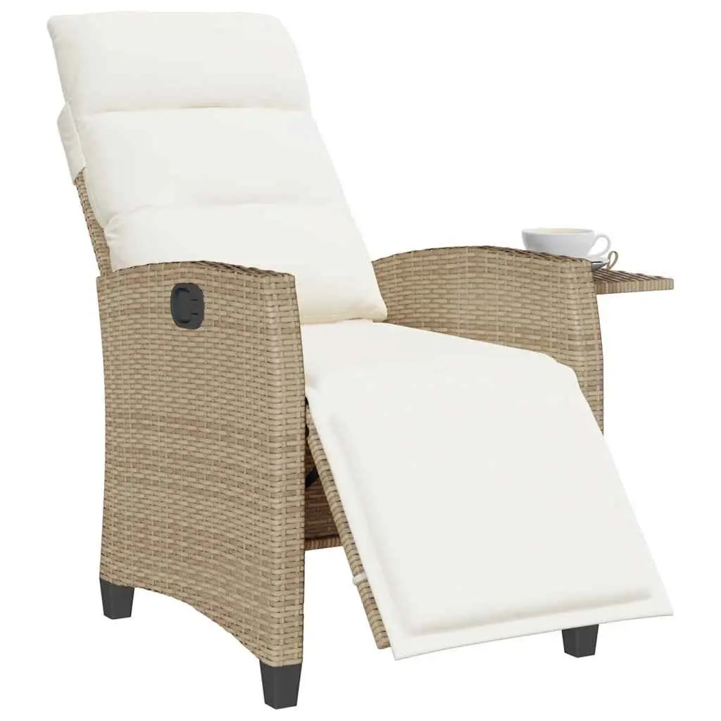 Reclining Garden Chair Beige Poly Rattan Adjustable with Foldable Side Table