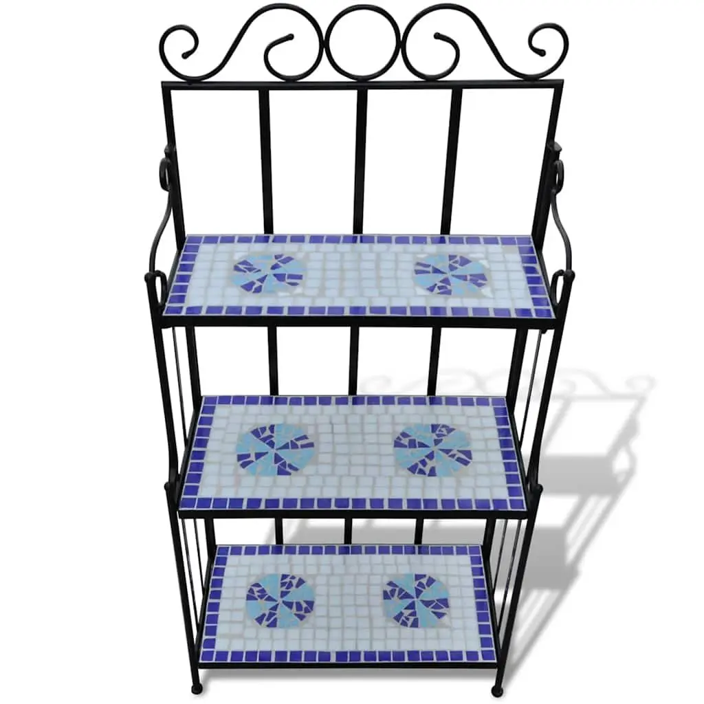 Mosaic Ceramic 3-Tier Plant Display Stand Curved Iron Frame Blue White Garden Indoor Decor