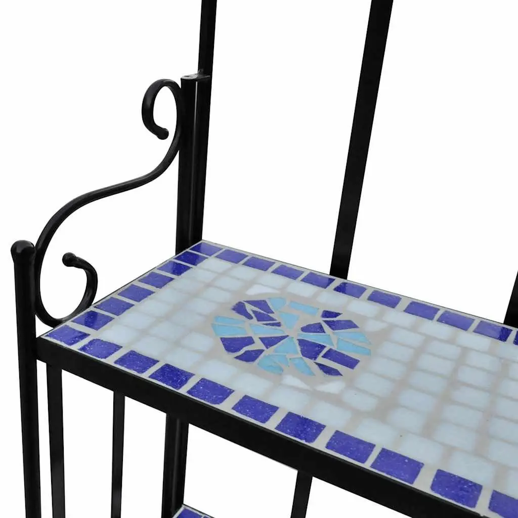 Mosaic Ceramic 3-Tier Plant Display Stand Curved Iron Frame Blue White Garden Indoor Decor