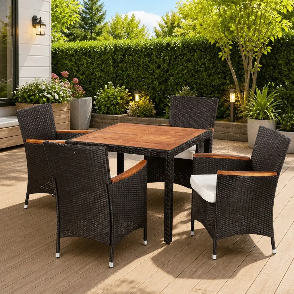 Outdoor Dining Set 5 Piece Black Poly Rattan Table and 4 Chairs with Cushions