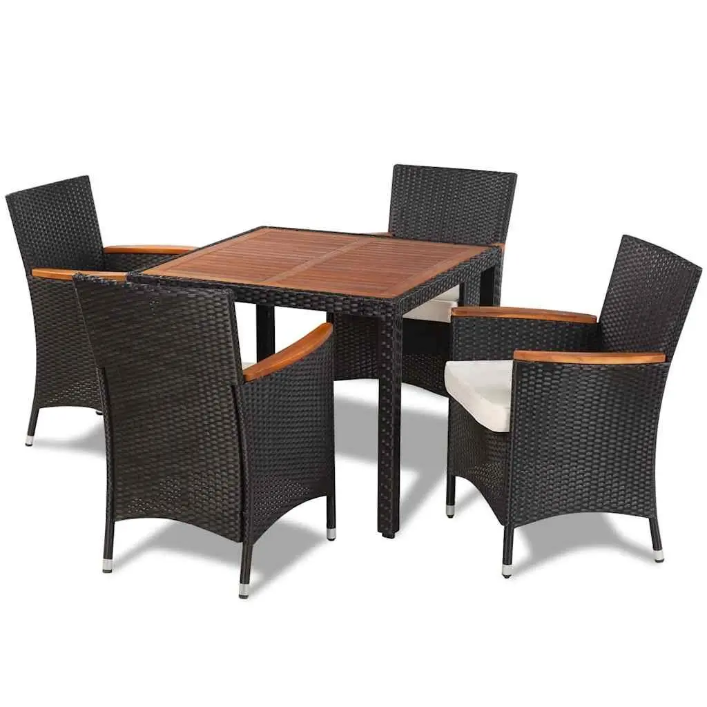 Outdoor Dining Set 5 Piece Black Poly Rattan Table and 4 Chairs with Cushions