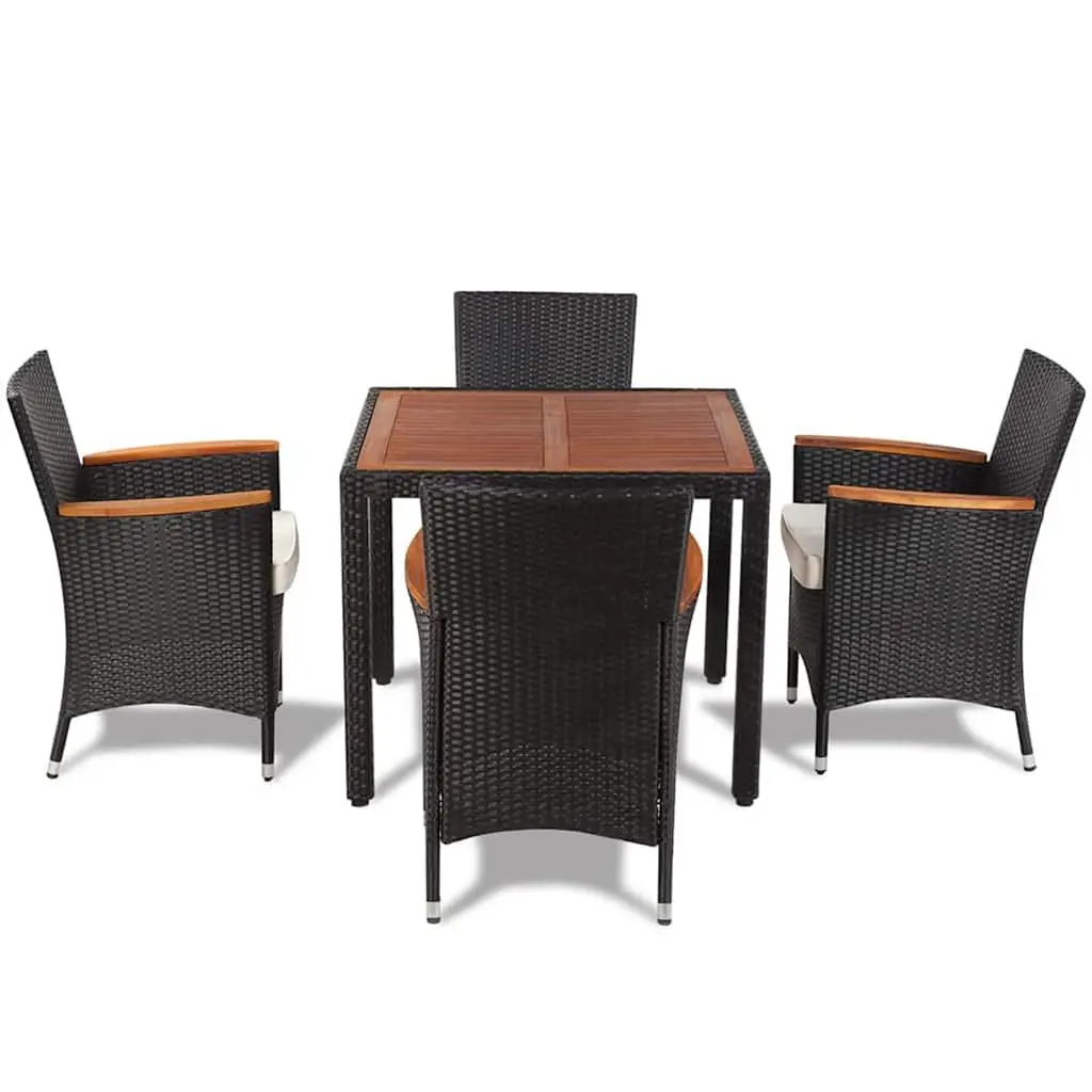 Outdoor Dining Set 5 Piece Black Poly Rattan Table and 4 Chairs with Cushions