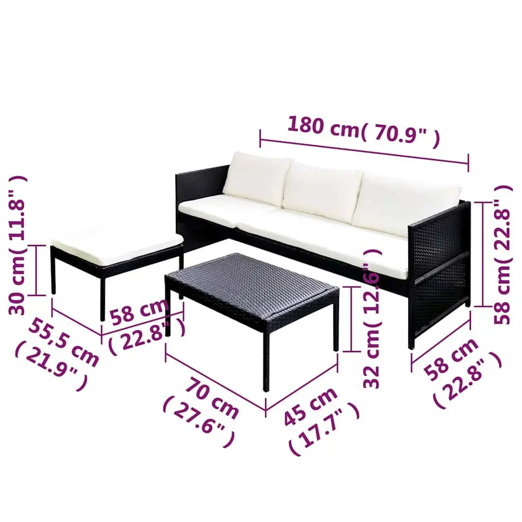 3 Piece Outdoor Lounge Set Weather-Resistant Poly Rattan Garden Patio Furniture with Cushions