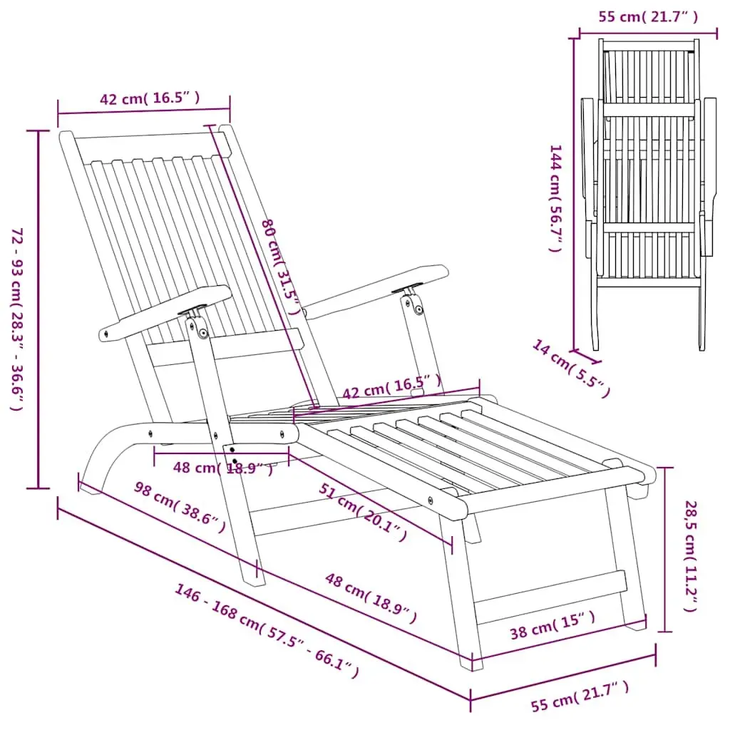Outdoor Sun Lounger Adjustable 5-Position Acacia Wood Deck Chair with Footrest
