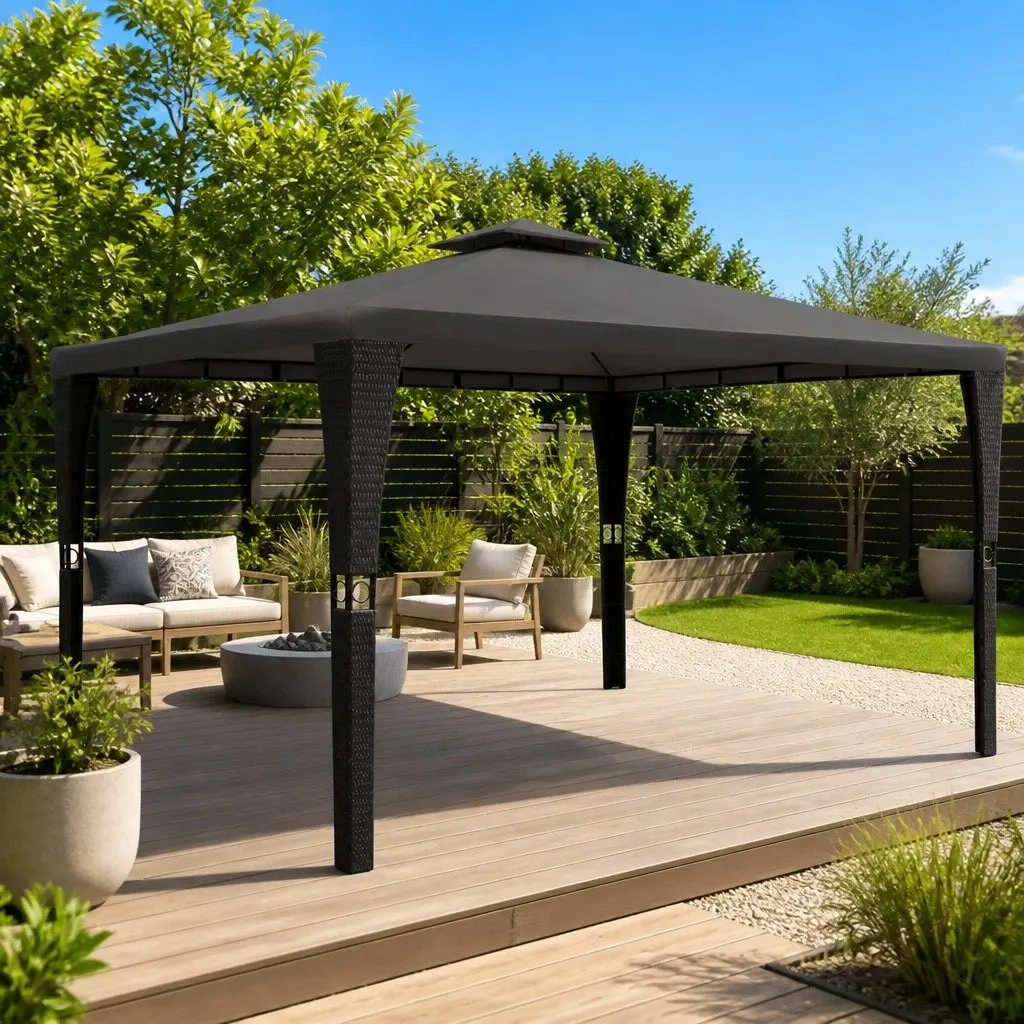 Garden Gazebo Poly Rattan Wicker 3x4m Sunshade Pavilion Grey Roof