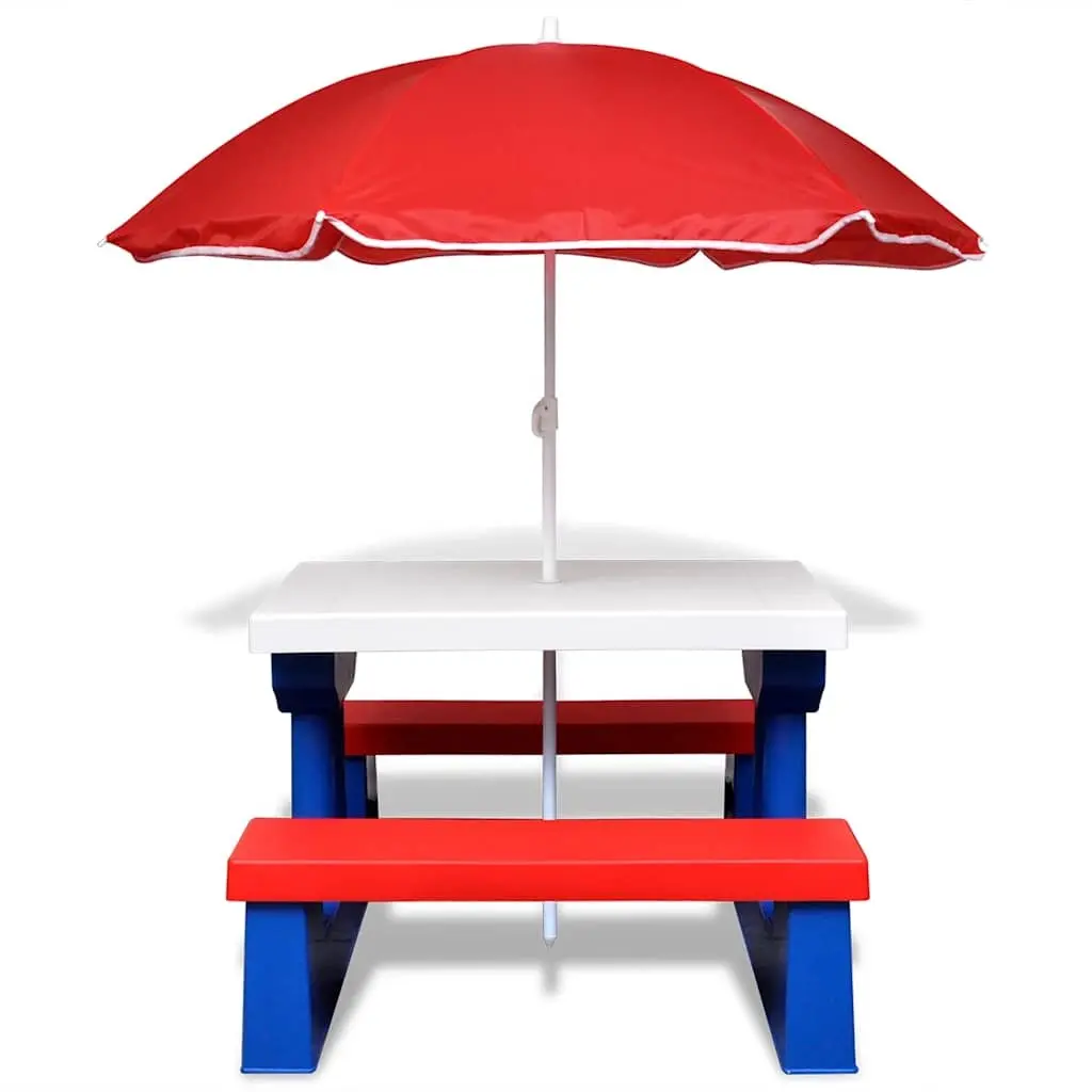 Kids Outdoor Picnic Table with Benches and Parasol Multicolour Garden Play Set