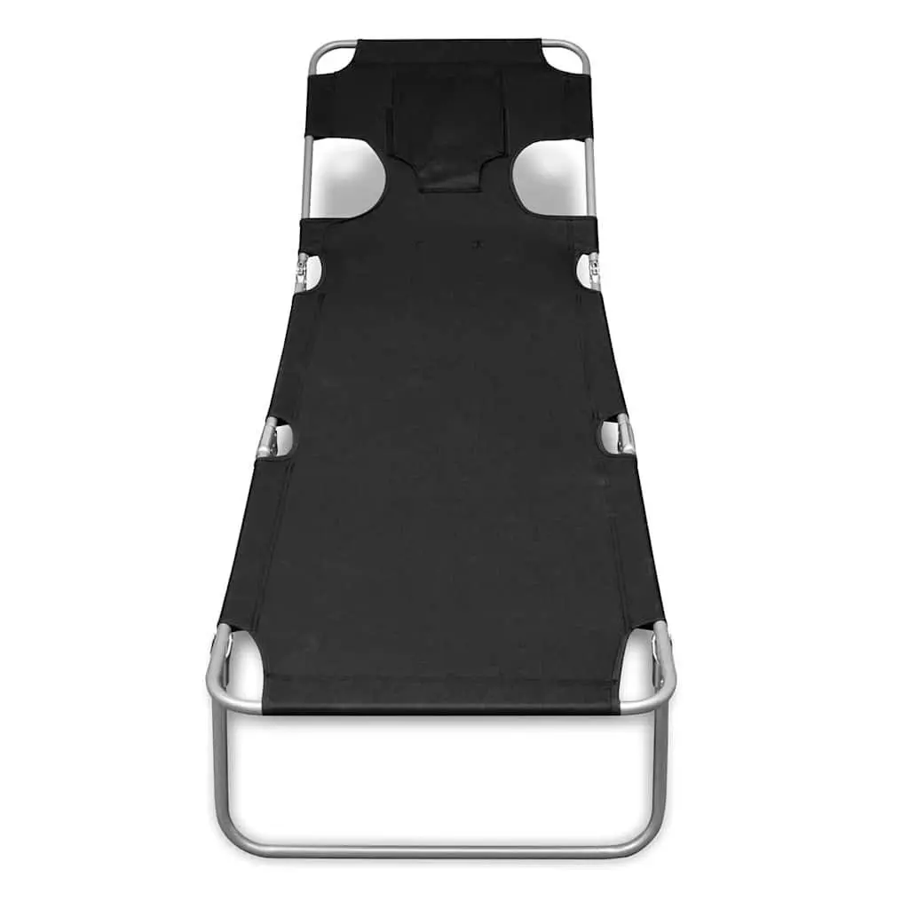 Folding Sun Lounger Black Adjustable Backrest with Head Cushion