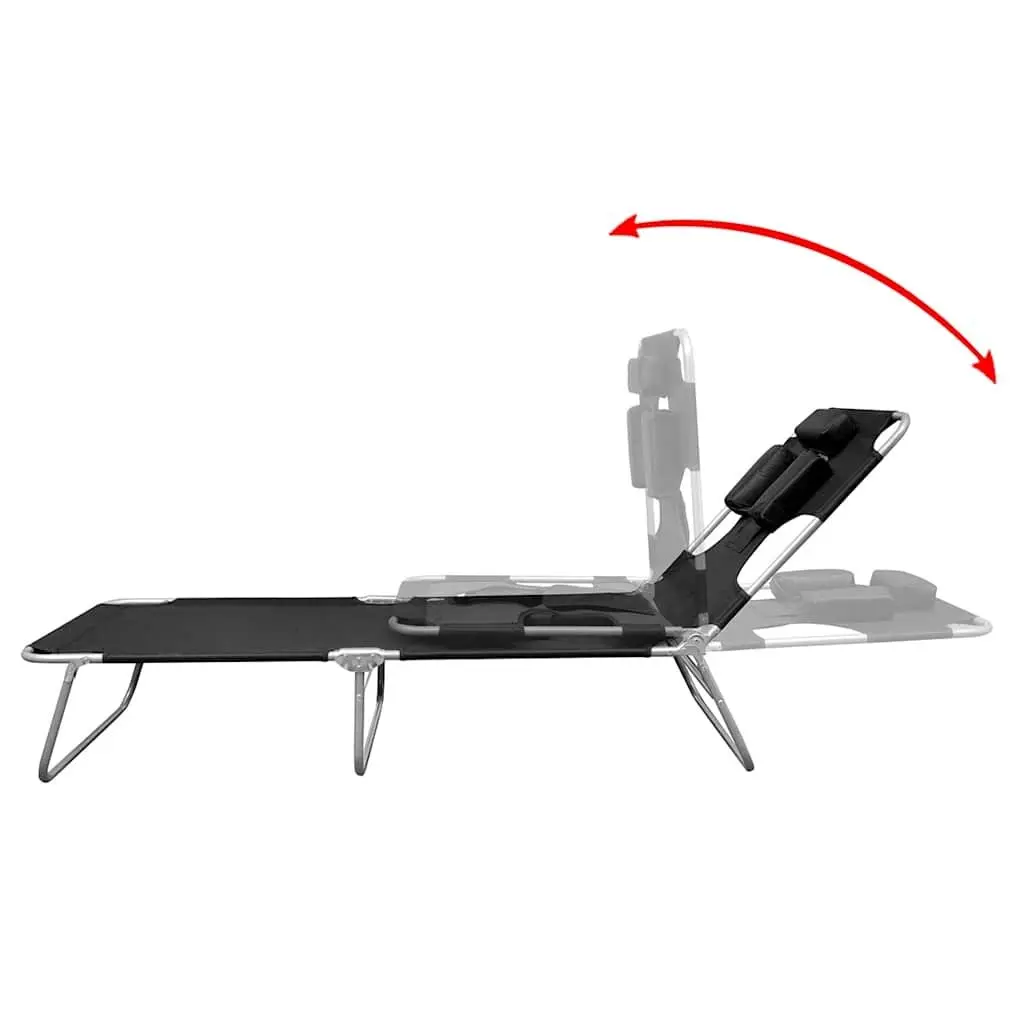 Folding Sun Lounger Black Adjustable Backrest with Head Cushion