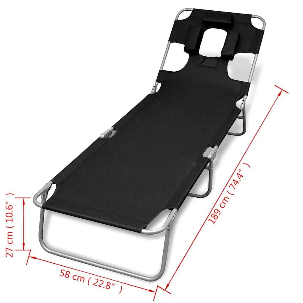 Folding Sun Lounger Black Adjustable Backrest with Head Cushion