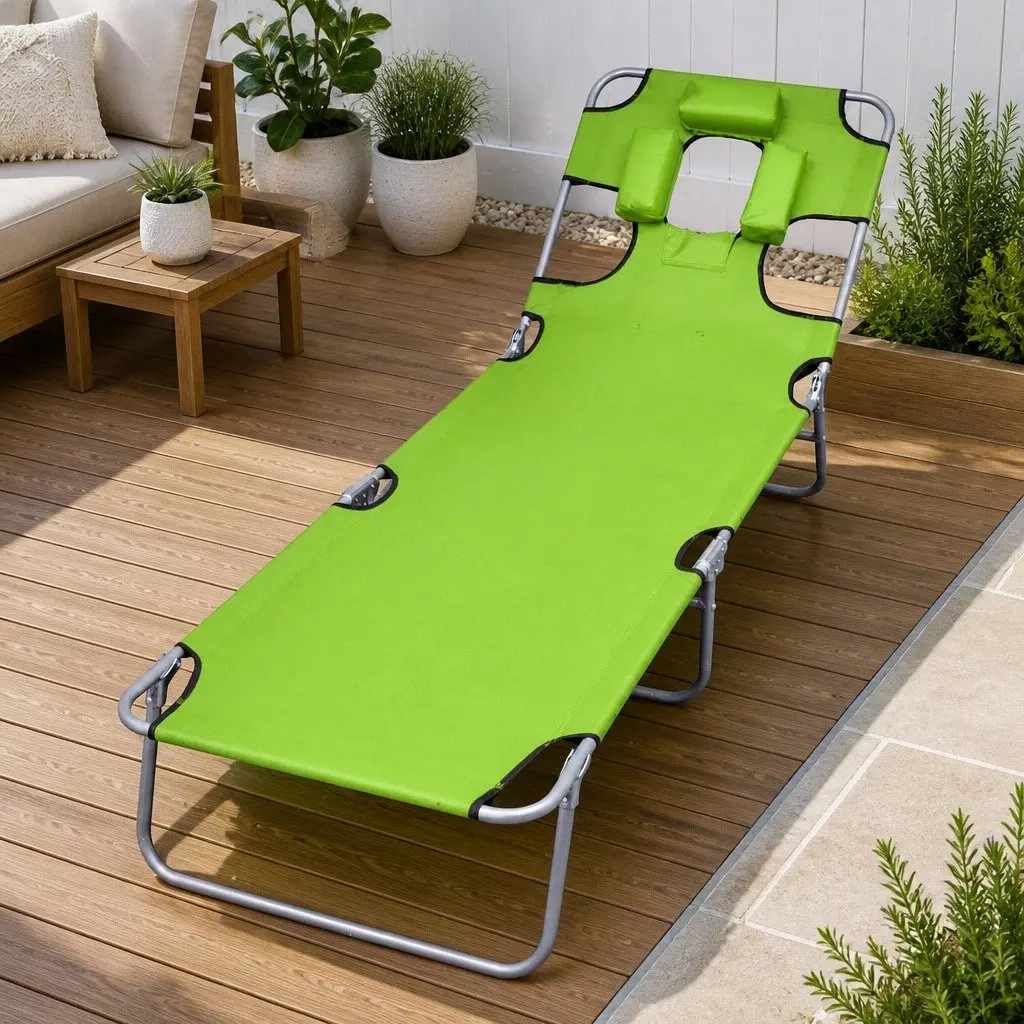 Folding Sun Lounger Adjustable Backrest with Head Cushion Green