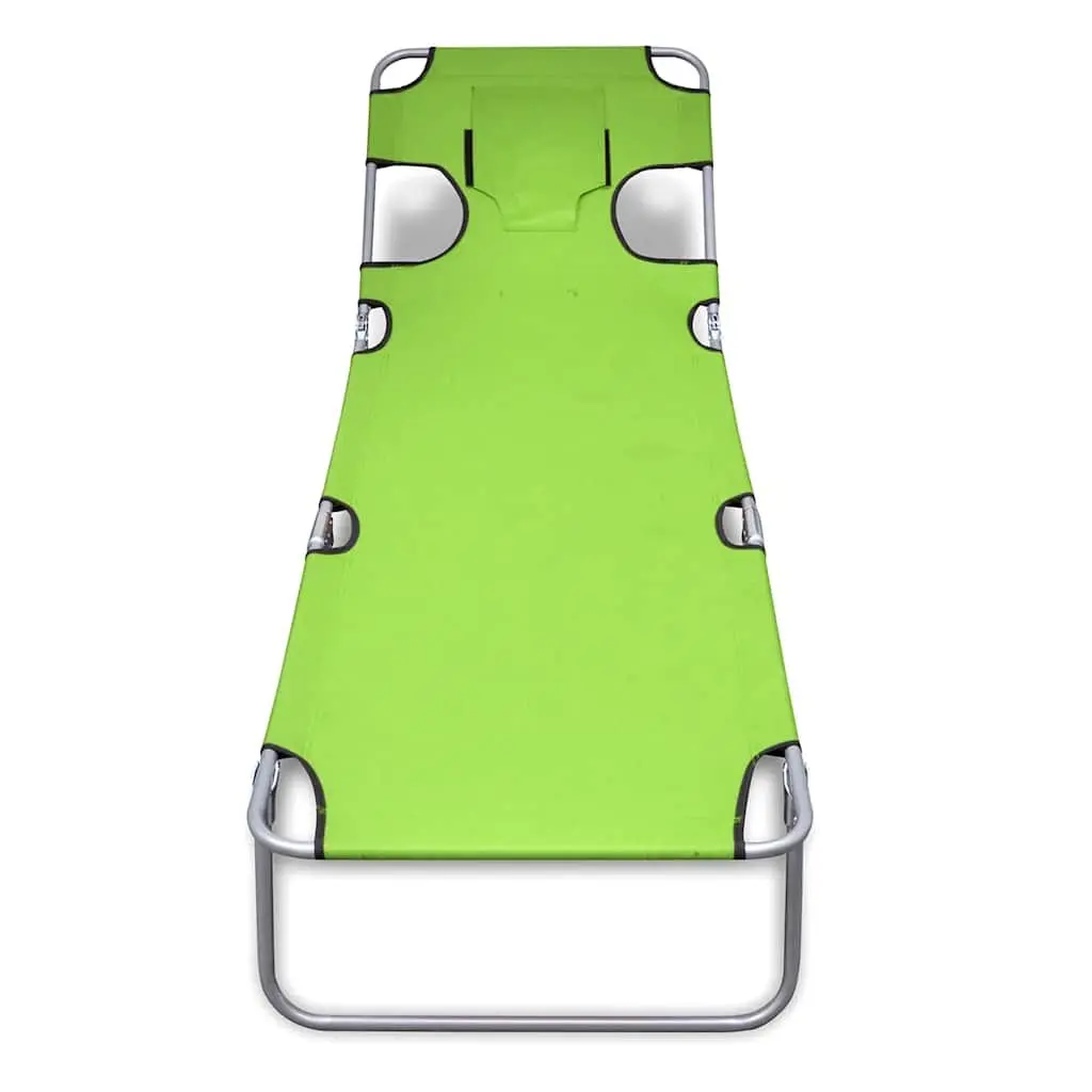 Folding Sun Lounger Adjustable Backrest with Head Cushion Green