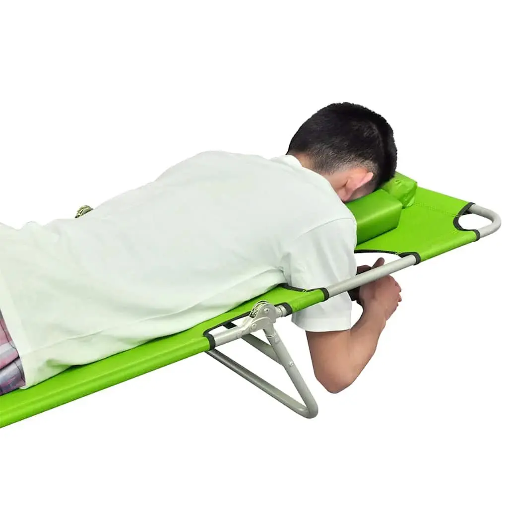 Folding Sun Lounger Adjustable Backrest with Head Cushion Green