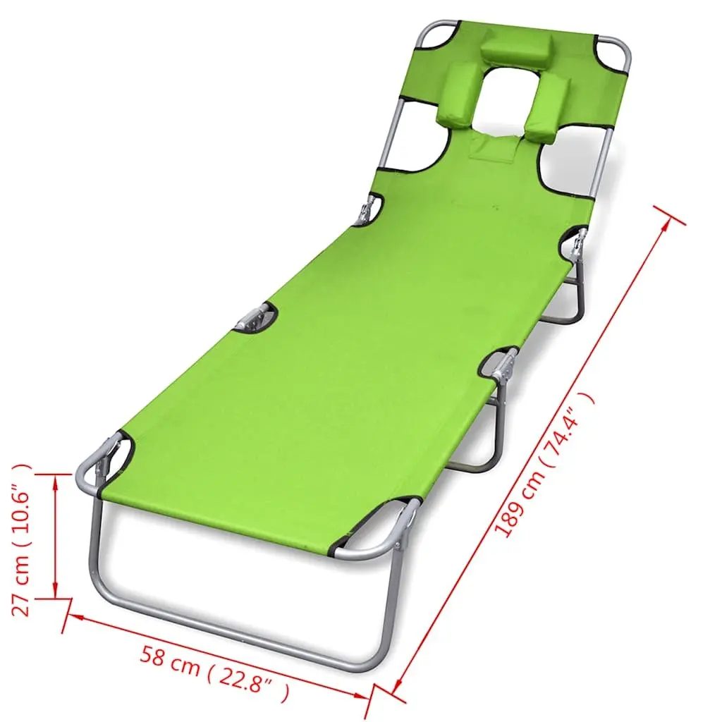 Folding Sun Lounger Adjustable Backrest with Head Cushion Green