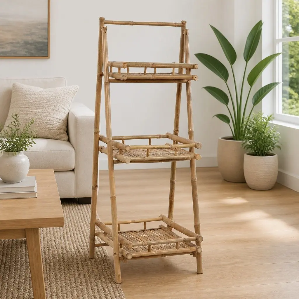 Folding Plant Rack Triangular Bamboo 3-Tier Shelf Stand Garden Patio Display Organizer