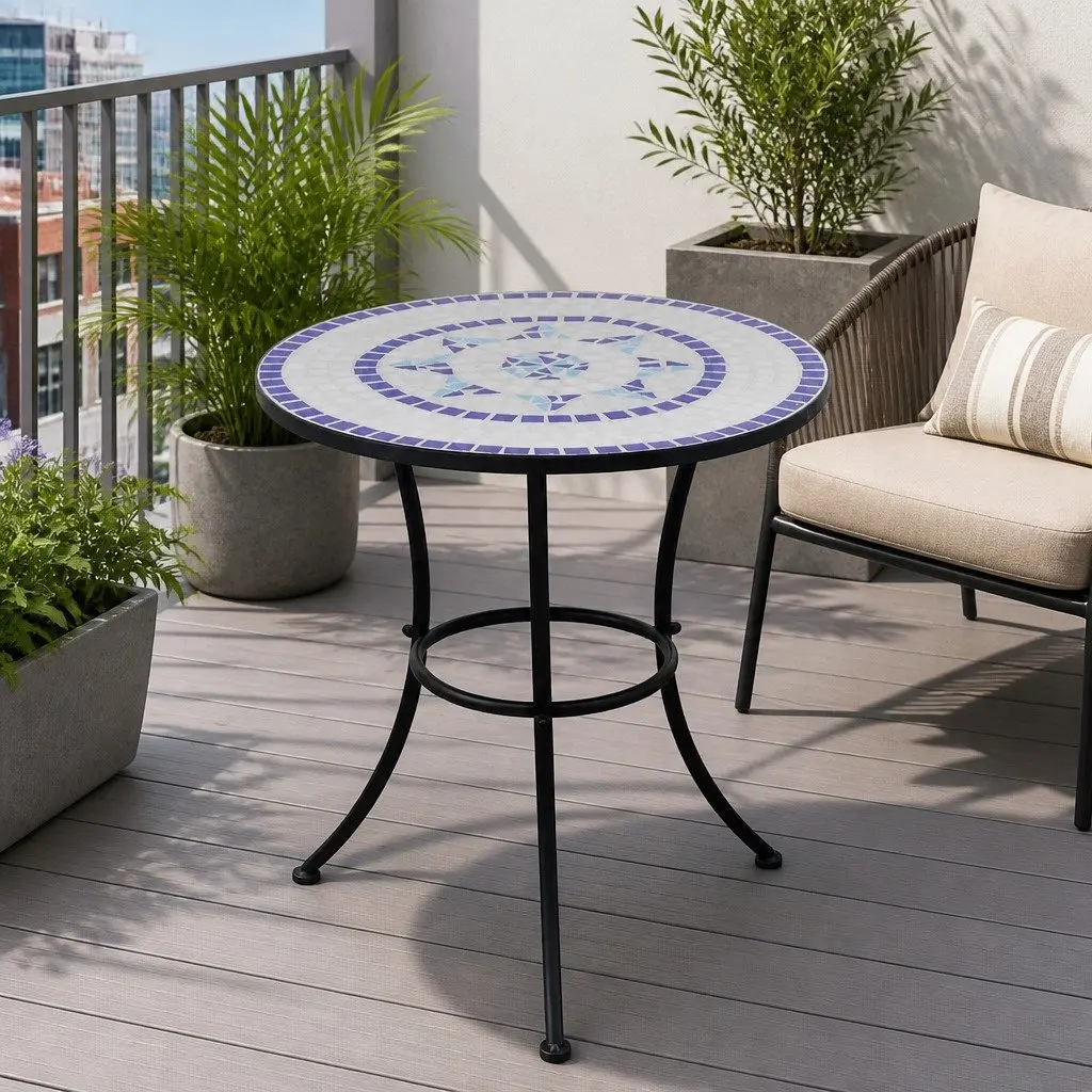 Mosaic Bistro Table Ceramic Top 60cm Blue White Outdoor Garden