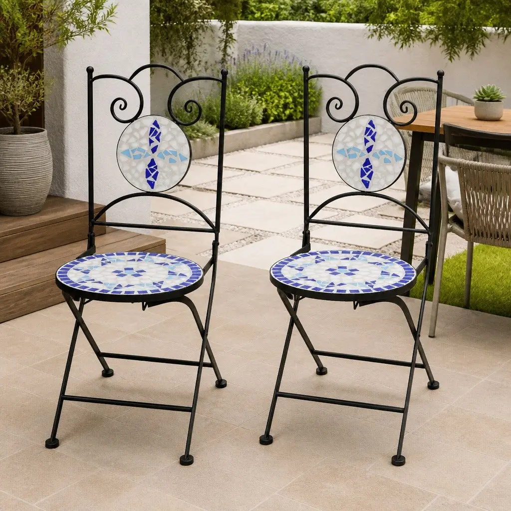 Outdoor Folding Bistro Chairs Set of 2 Garden Patio Seating Mosaic Design
