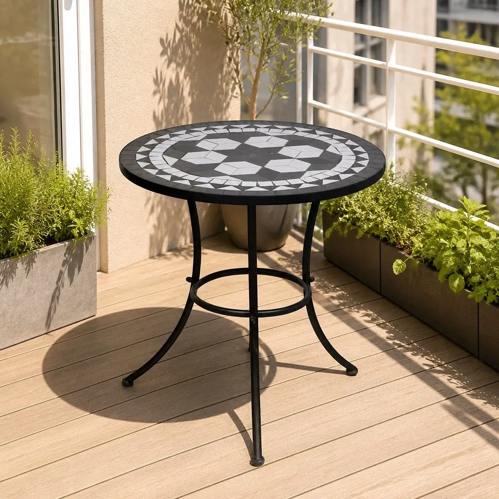 Mosaic Bistro Table Ceramic Top 60cm Black White Garden Balcony Coffee Outdoor