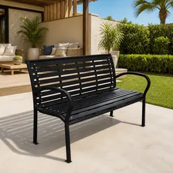 3-Person Garden Bench with Steel Frame and Weather-Resistant Slats