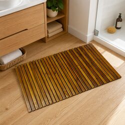 Brown Acacia Wood Bath Mat 80x50cm Bathroom Shower Non-Slip Rubber Backing Floor