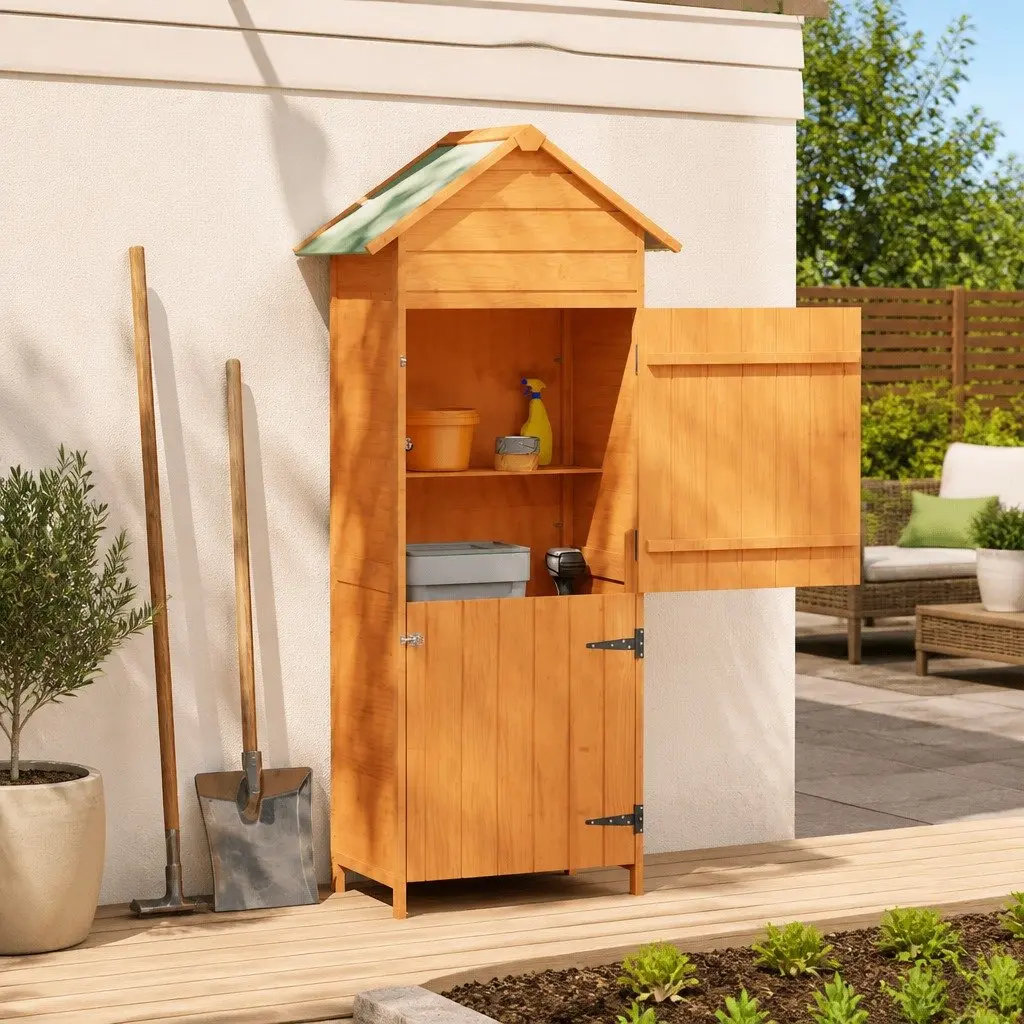 Wooden Garden Storage Cabinet Waterproof Roof Brown 42.5 x 64 x 190 cm
