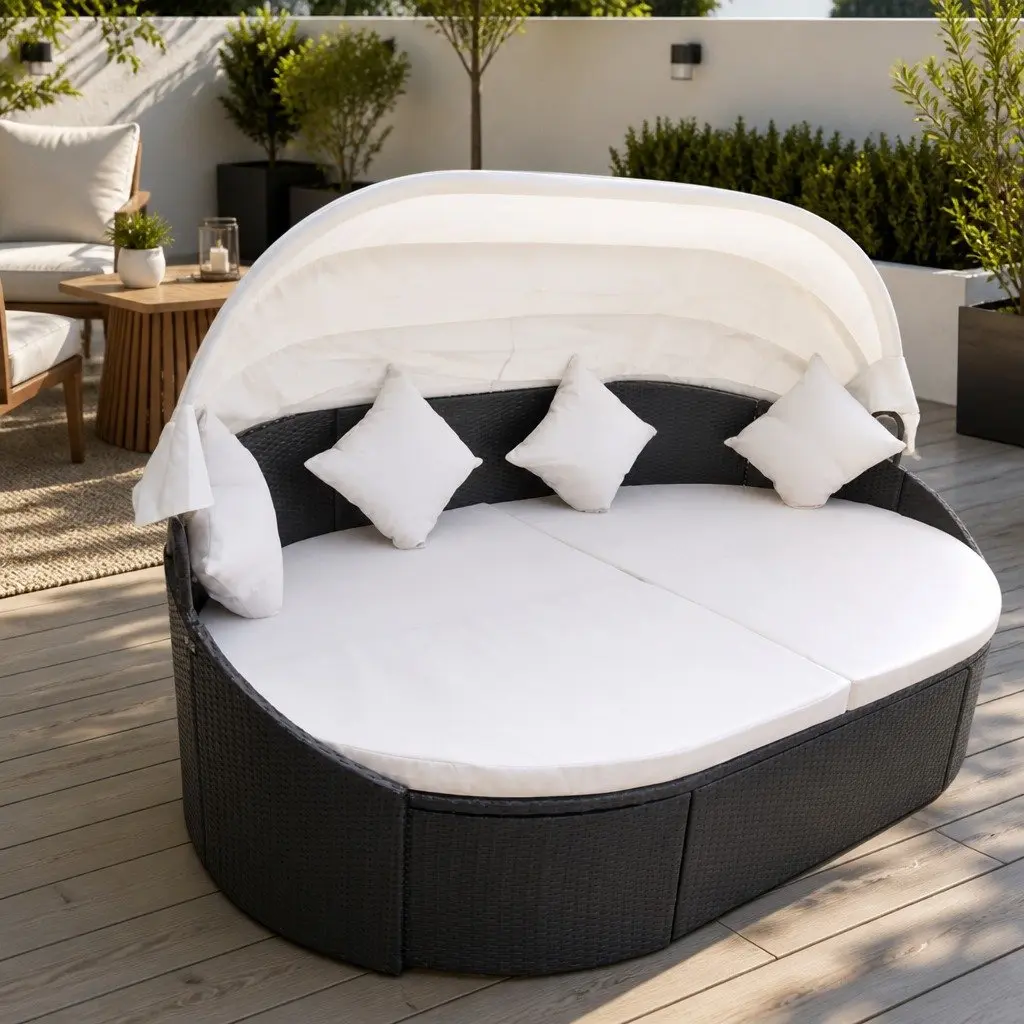 Outdoor Lounge Bed with Canopy PE Rattan Steel Frame Brown