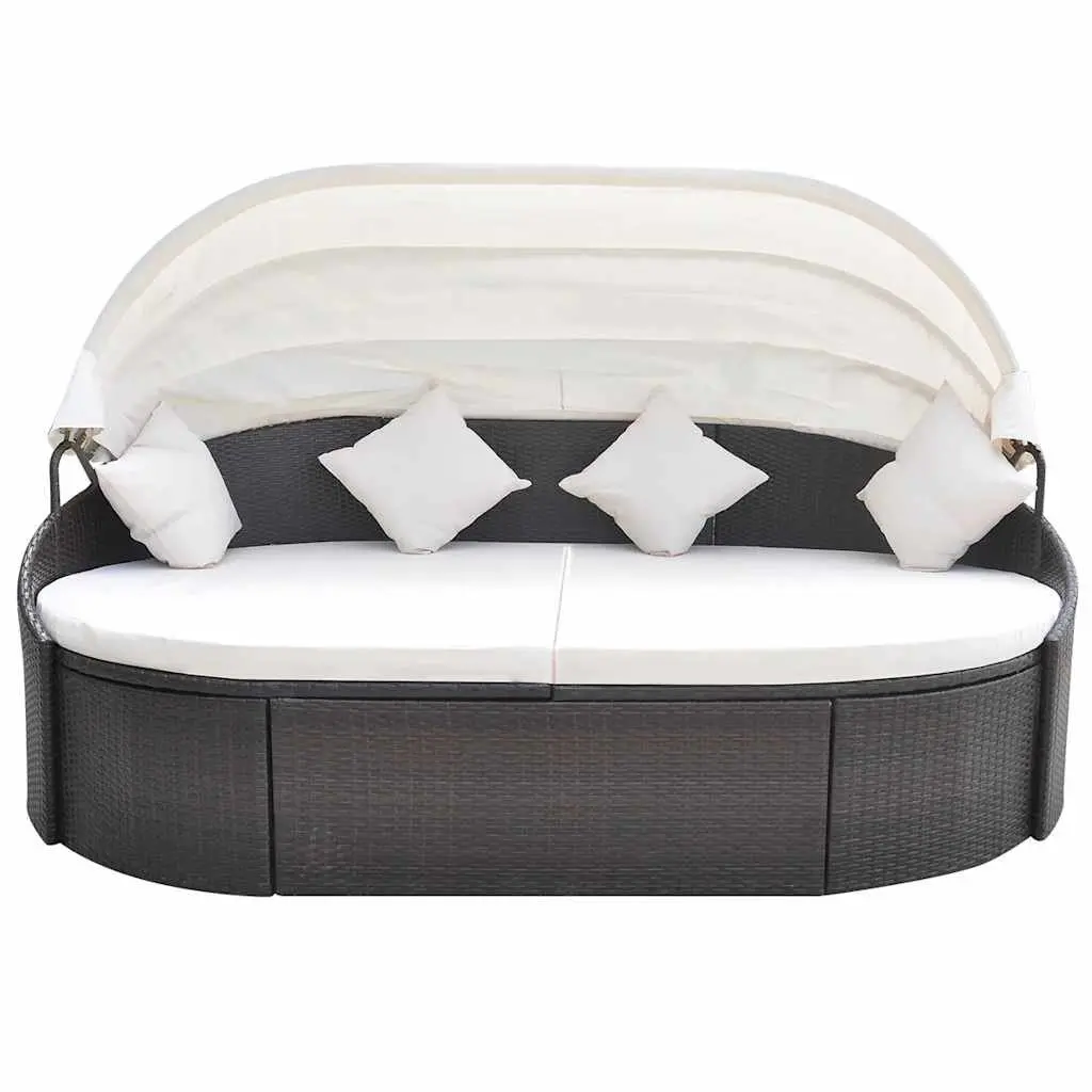 Outdoor Lounge Bed with Canopy PE Rattan Steel Frame Brown