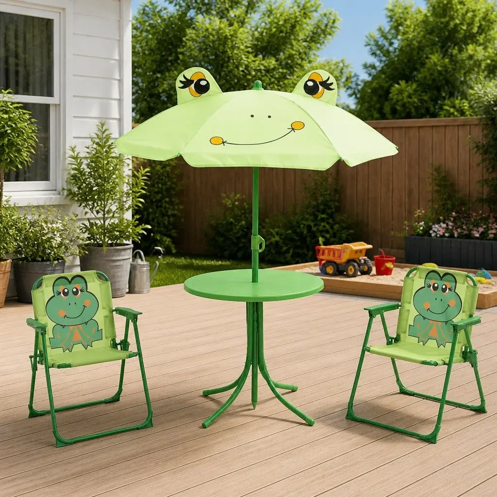 Kids Garden Bistro Set Green 3 Piece Outdoor Furniture Table Chairs Parasol