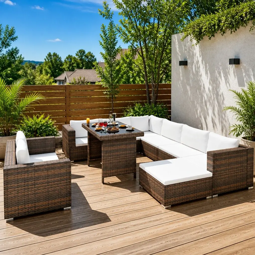 10 Piece Outdoor Garden Lounge Set with Cushions Poly Rattan Brown Furniture