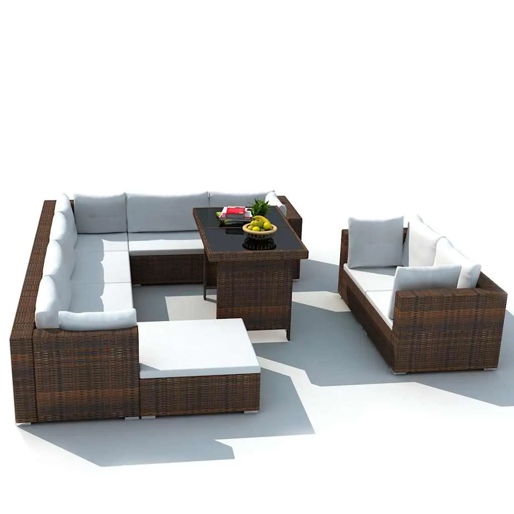 10 Piece Outdoor Garden Lounge Set with Cushions Poly Rattan Brown Furniture